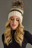 Cream & Multicolored Patterned Pom Hat