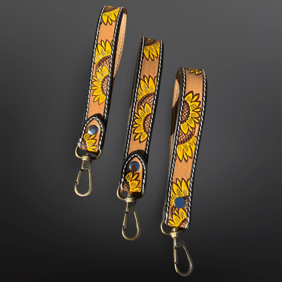 Tooled Leather Sunflower Western Wrist Strap Keychain