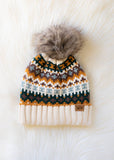 Cream & Multicolored Patterned Pom Hat