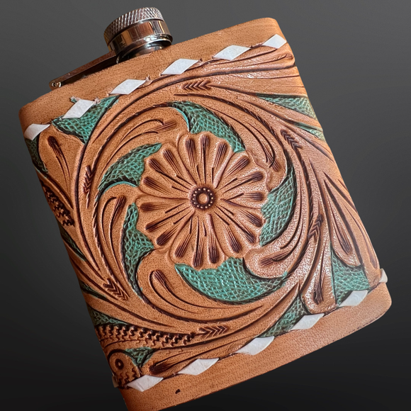 Western Tooled Leather Stainless Steel Flask