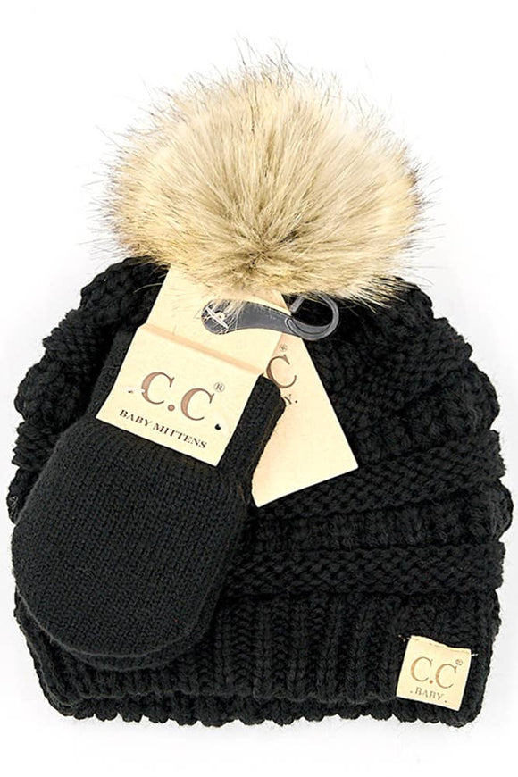 C.C Baby Solid Ribbed Pom Beanie and Mitten Glove