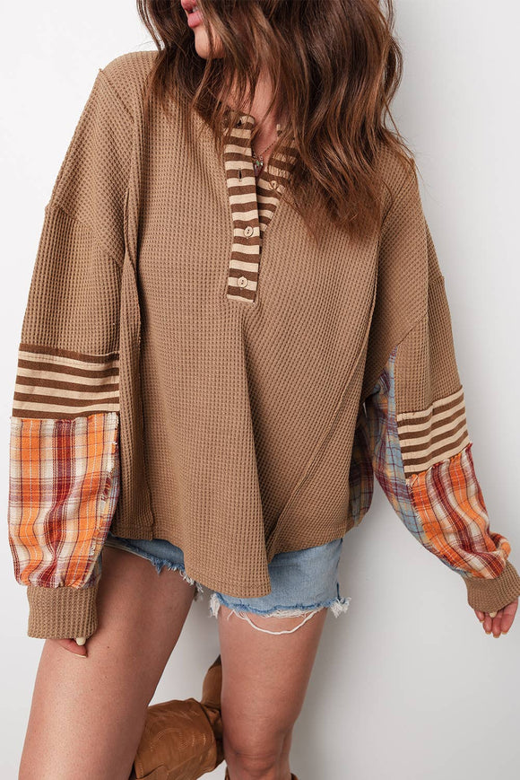 Plaid Patch Henley Knit Top
